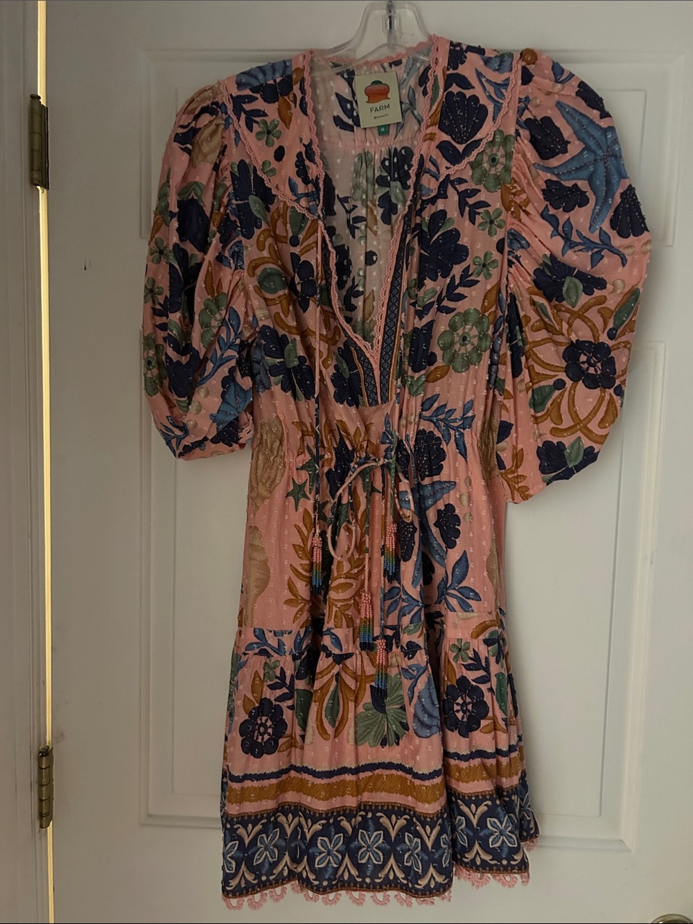 FARM Rio Pink Floral Puff Sleeve Mini Dress with Blue & Green Blooms